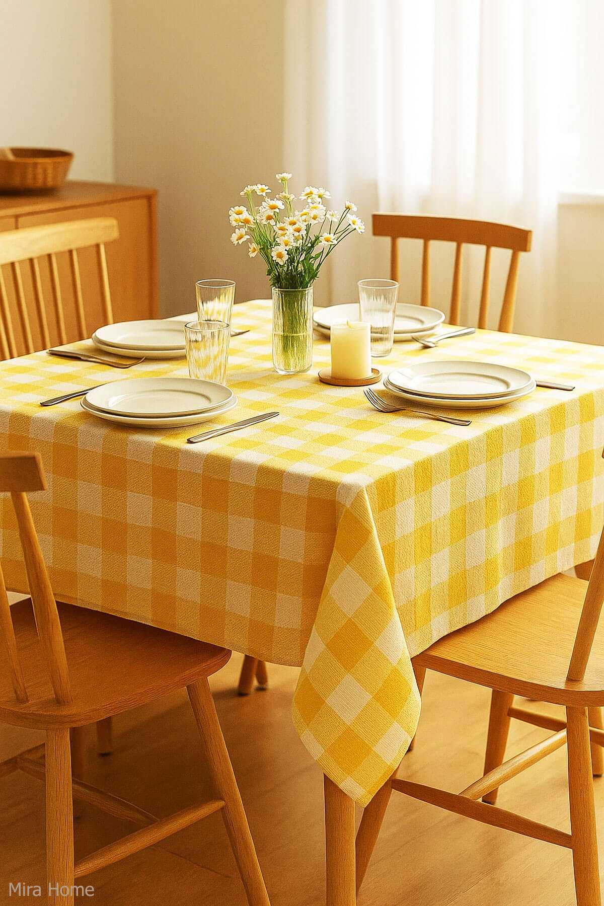 Fiber Kareli Masa Örtüsü Sofra Bezi Ekose Desen 160x160 Cm Sarı