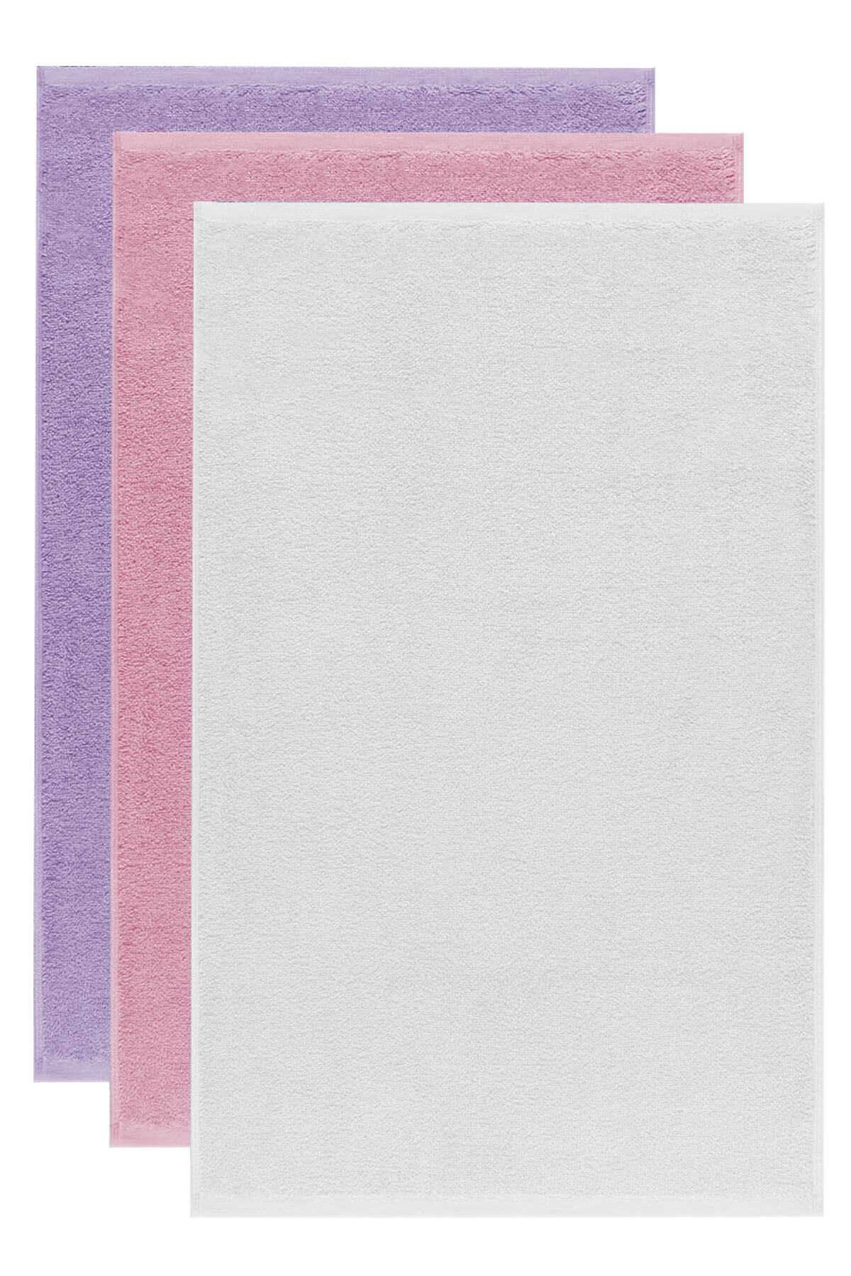 3 lü Düz Renk El Yüz Havlu Seti &amp;#37;100 Pamuklu 50x90 Cm Mor-Pembe-Beyaz