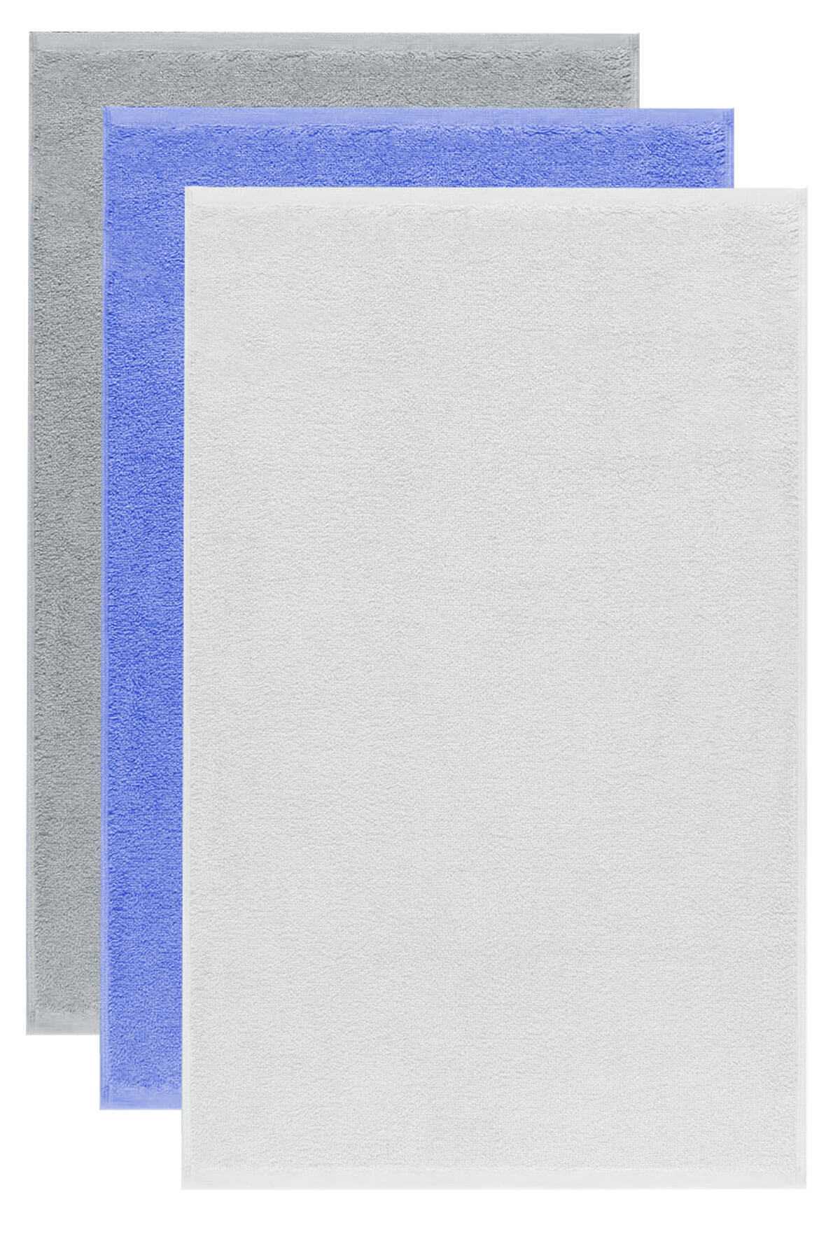 3 lü Düz Renk El Yüz Havlu Seti &amp;#37;100 Pamuklu 50x90 Cm Gri-Mavi-Beyaz