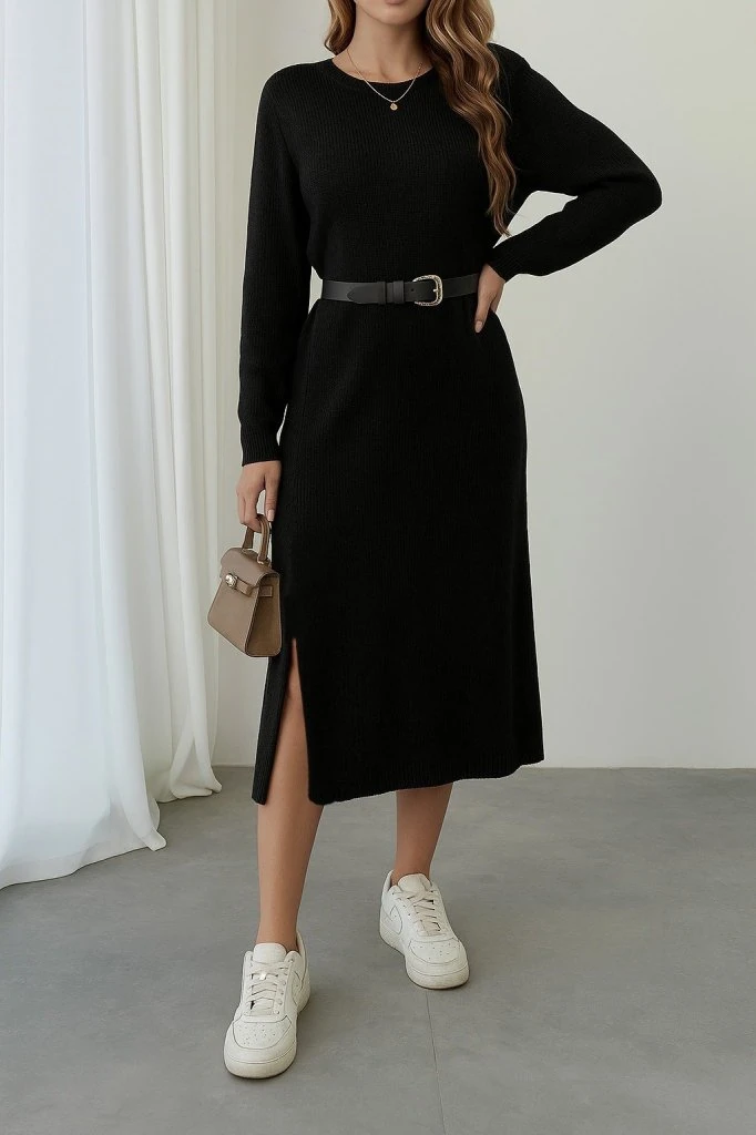 Kadın Uzun Kollu Bisiklet Yaka Yandan Yırtmaçlı Midi Triko Elbise