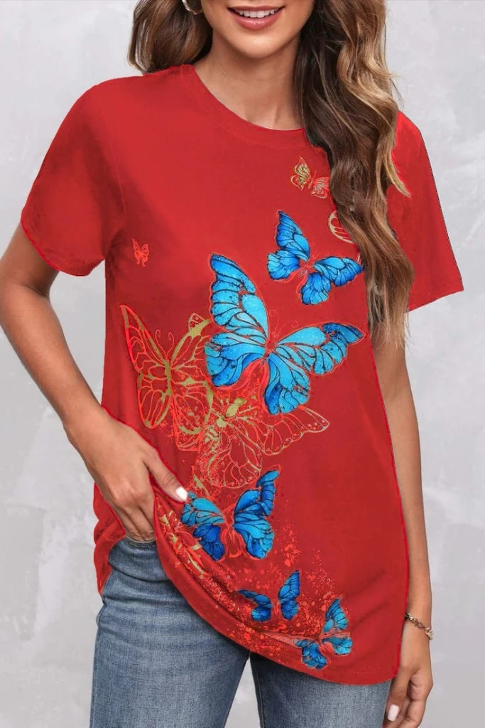 Kadın Kısa Kollu Mavi Sarı Kelebek Baskı Süprem Bluz