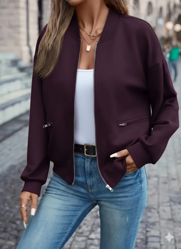 Kadın Uzun Kollu önden Fermuarlı Cepli Modal Mürdüm Ceket