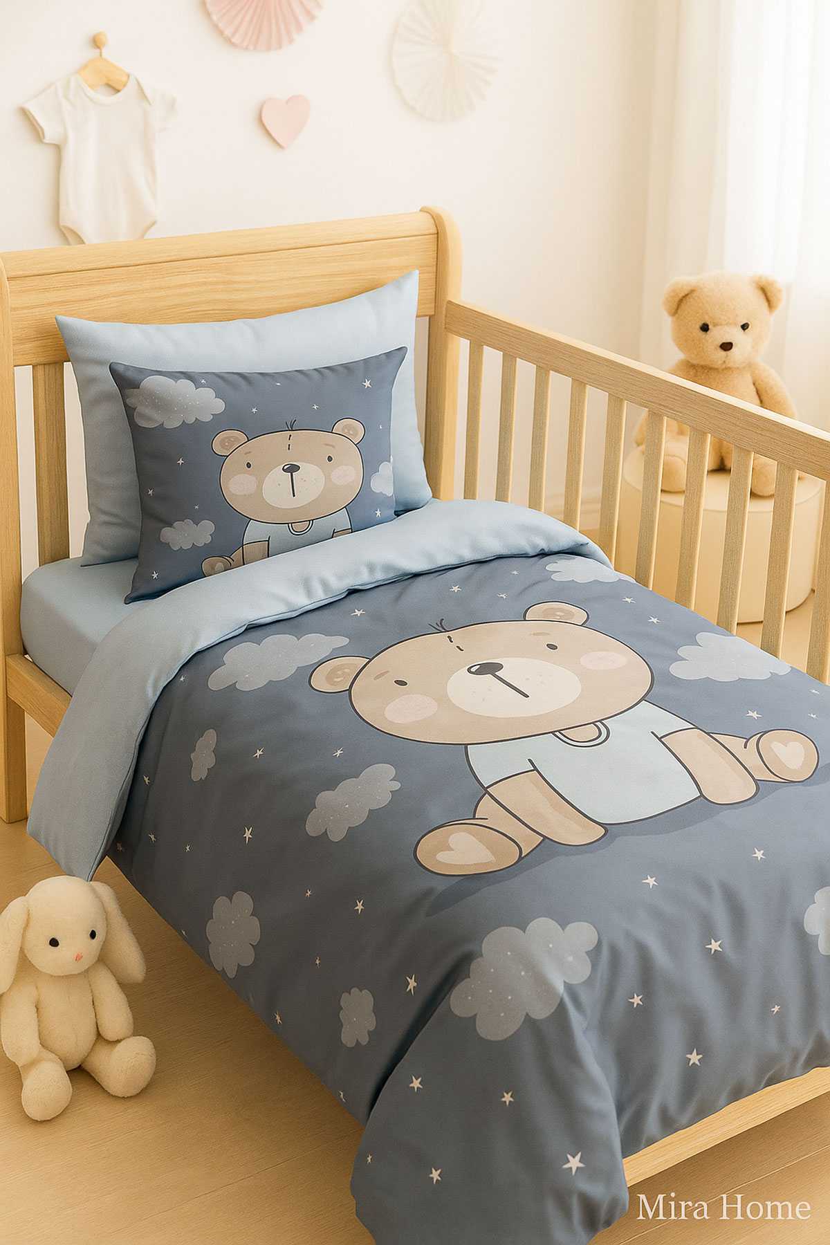 Dijital Baskılı 3d Pamuklu Yenidoğan Bebek Nevresim Takımı Blue Bear