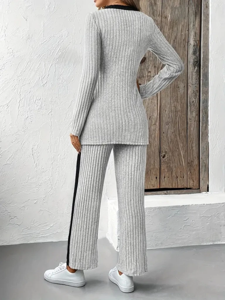 Kadın Uzun Kollu V Yakalı çapraz Detaylı şardonlu Kaşkorse Bluz Ve Pantolon Ikili Takım