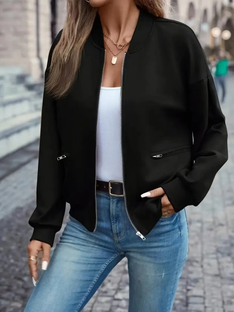 Kadın Uzun Kollu önden Fermuarlı Cepli Modal Ceket