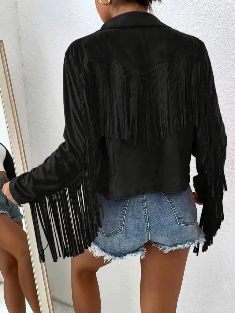 Kadın Uzun Kollu Yakalı Kısa Püsküllü Süet Ceket