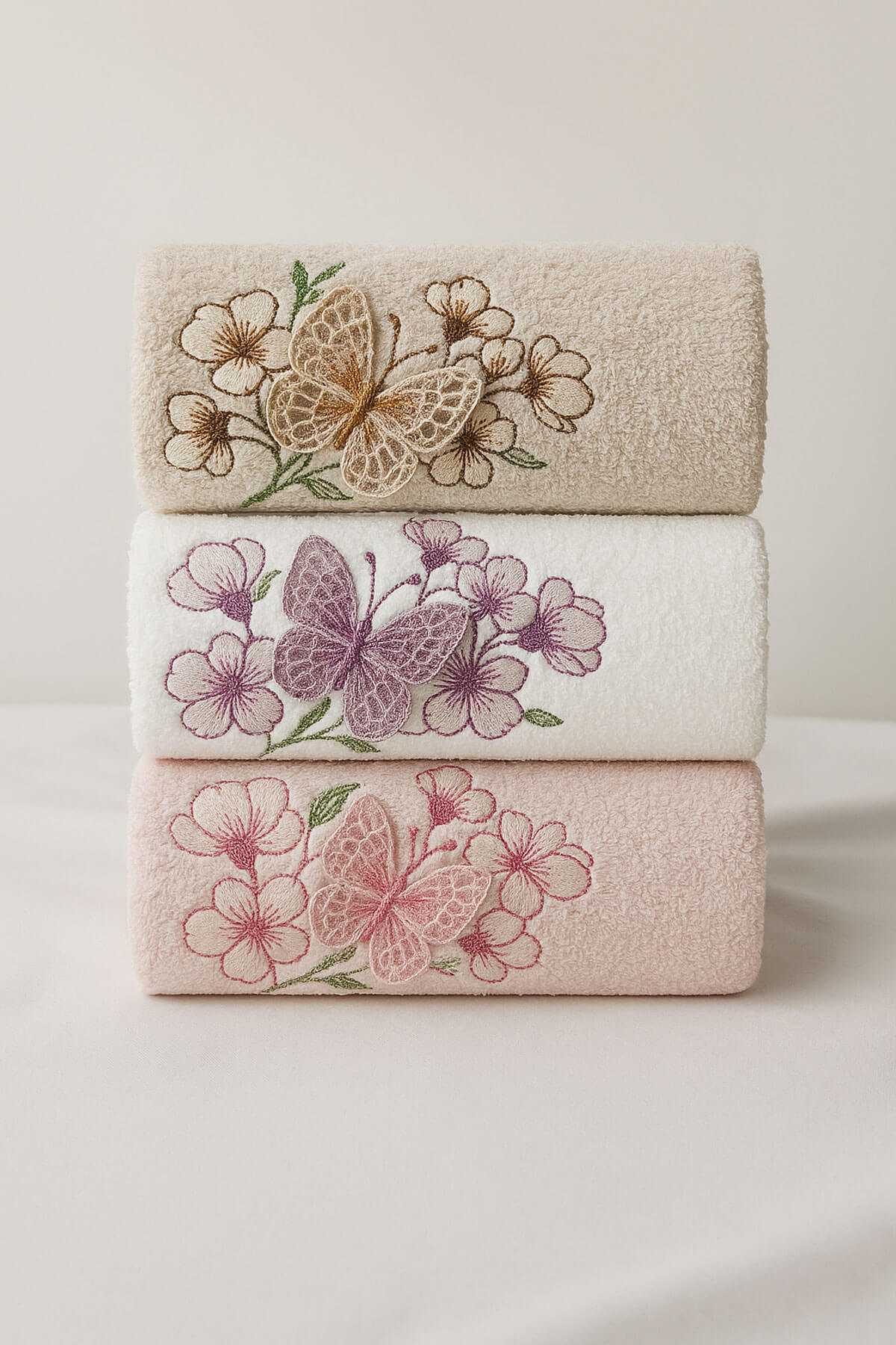 3lü Lüks &amp;#37;100 Pamuklu Mutfak Havlusu Seti 3D Kelebek Aplikeli 30x50 Cm