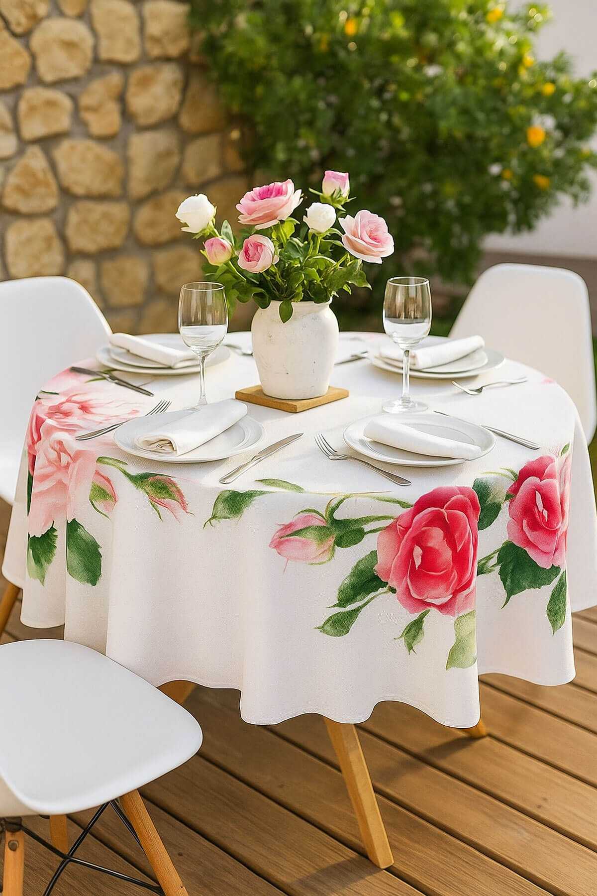 Yuvarlak Gül Desenli Duck Kumaş Masa Örtüsü 150x150 Cm