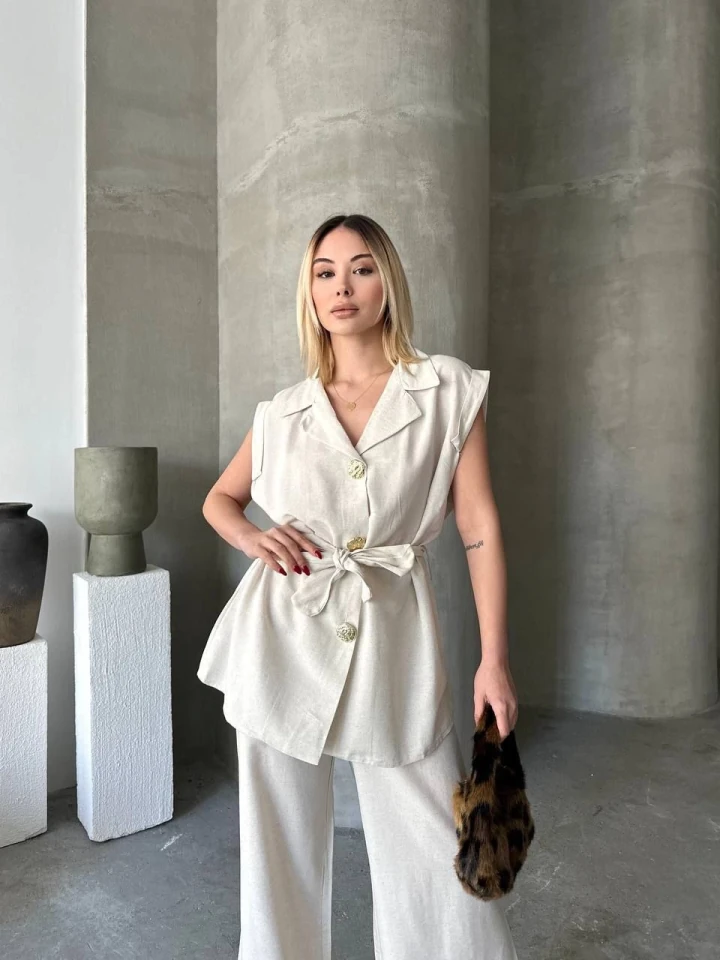 Keten Sıfır Kol Kuşaklı Ceket Pantolon Ikili Takım - Beyaz