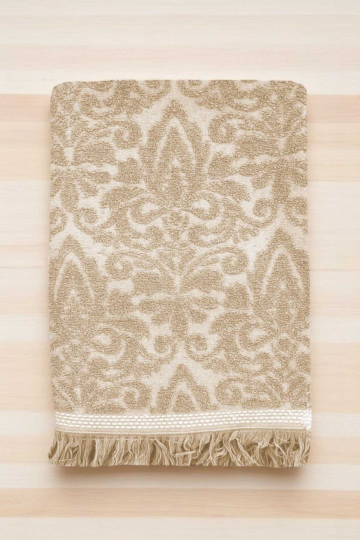 2 Parça Jakarlı Banyo Havlu Takımı &amp;#37;100 Pamuklu 90x150 Cm Arden Bej