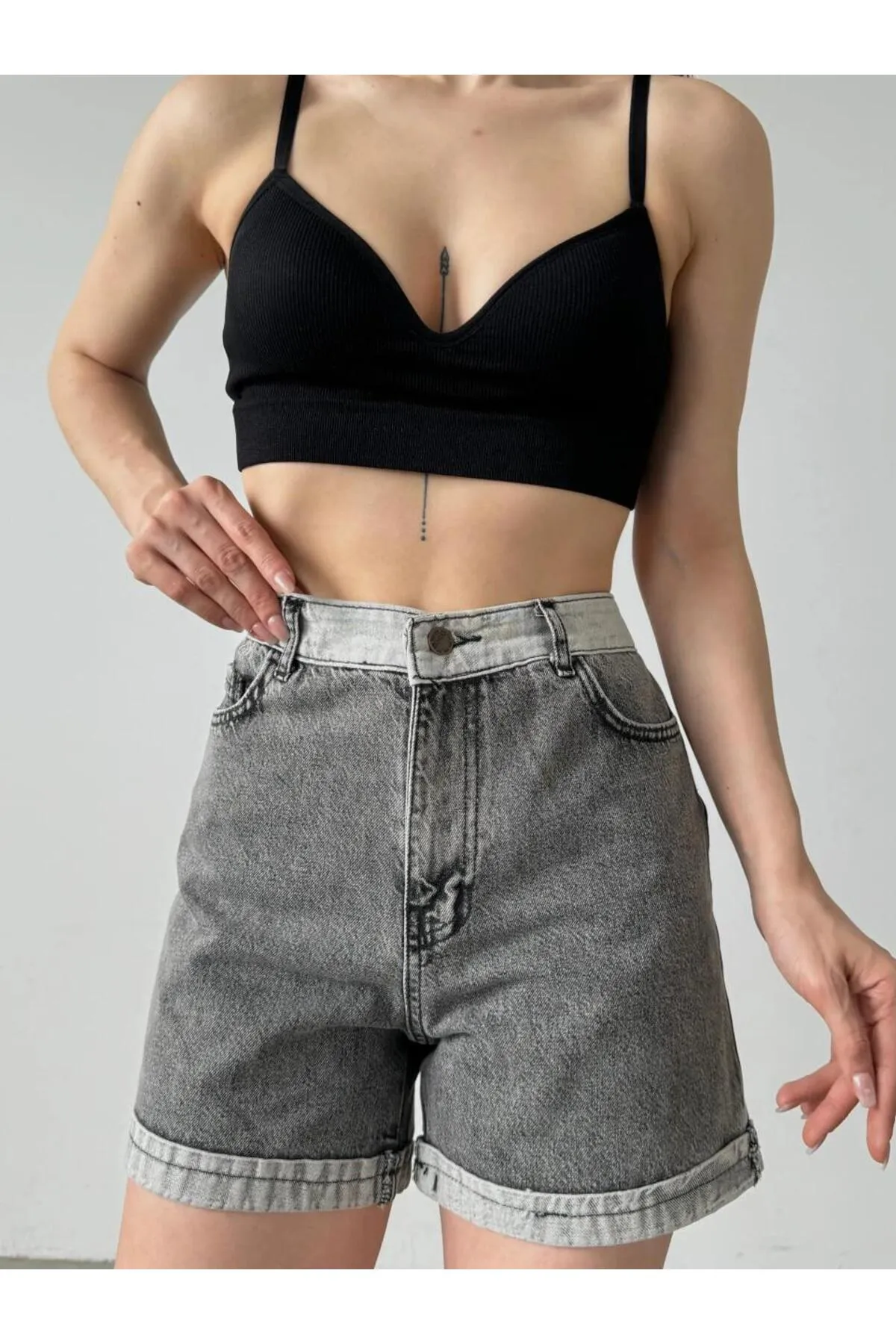 DUBLE PAÇA JEAN ŞORT - KOYU GRİ
