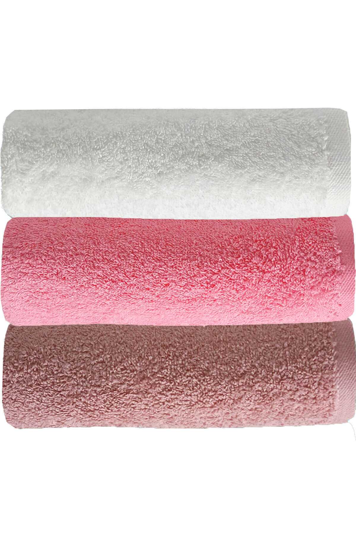 3 lü Düz Renk El Yüz Havlu Seti &amp;#37;100 Pamuklu 50x90 Cm Gül-Pembe-Beyaz