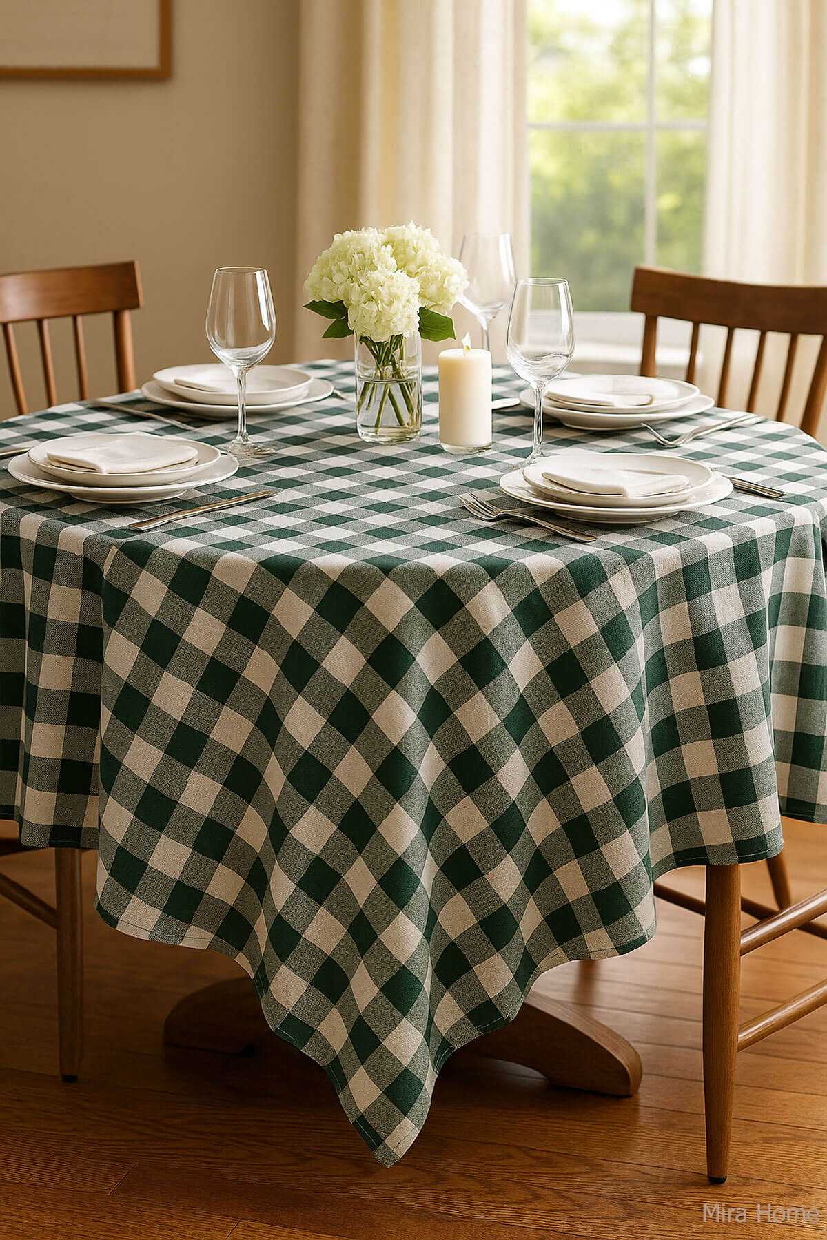 Fiber Kareli Masa Örtüsü Sofra Bezi Ekose Desen 160x160 Cm Yeşil