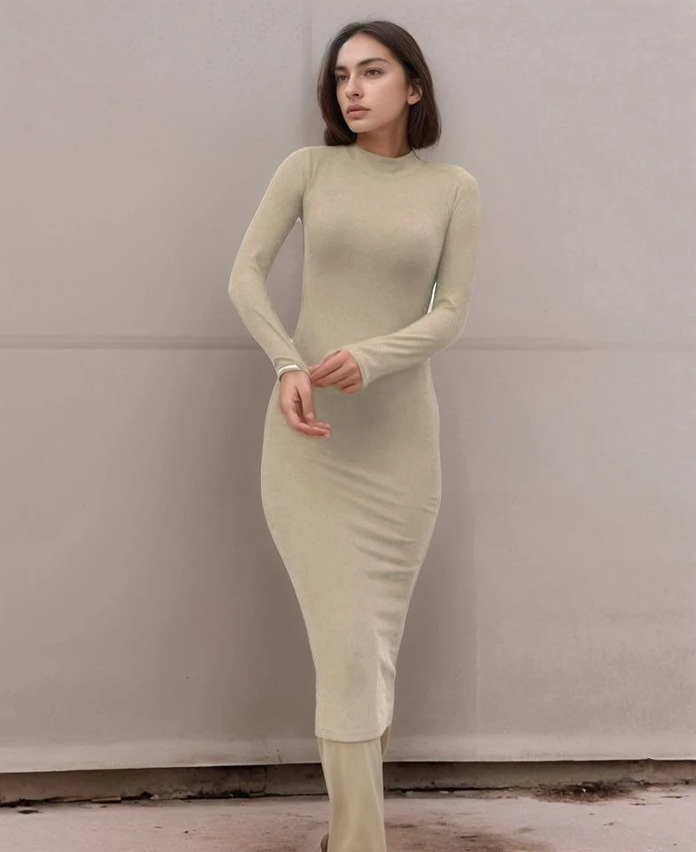 Kadın Yarım Balıkçı Yaka Süet Kumaş Fırsat ürün Midi Boy Elbise