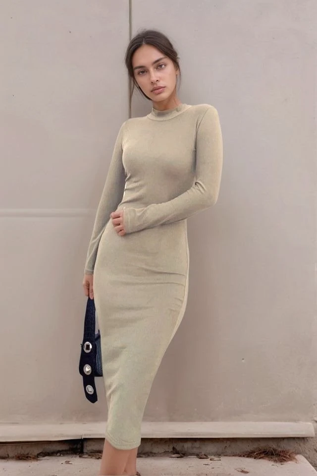 Kadın Yarım Balıkçı Yaka Süet Kumaş Fırsat ürün Midi Boy Elbise