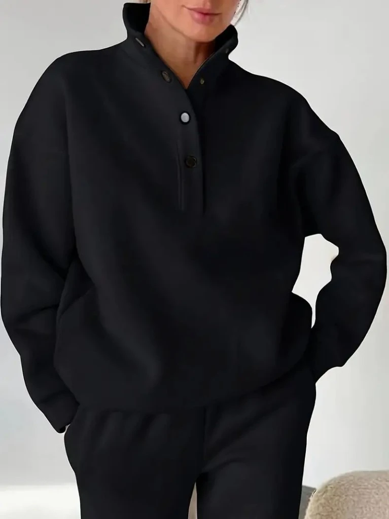 Kadın Uzun Kollu Balıkçı Dik Yakalı Düğmeli üç Iplik Bluz Ve Pantolon Ikili Takım