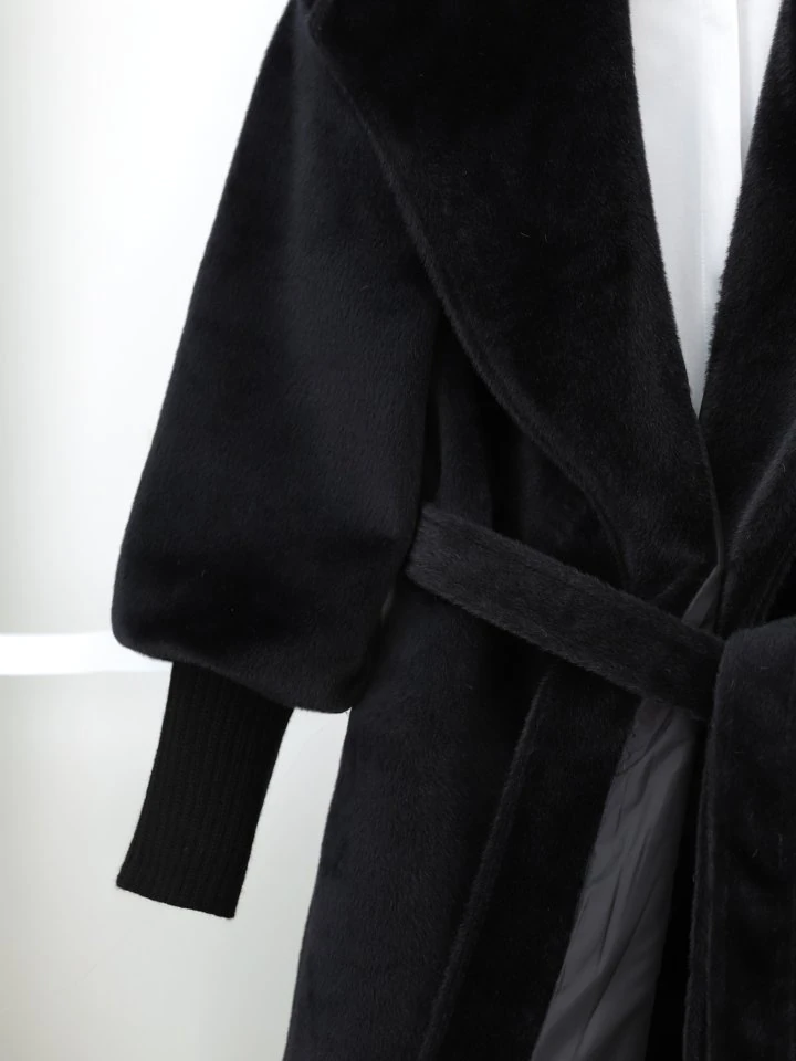 Kolu Ribanalı Şal Yaka Astarlı Kaşe Kaban -Siyah