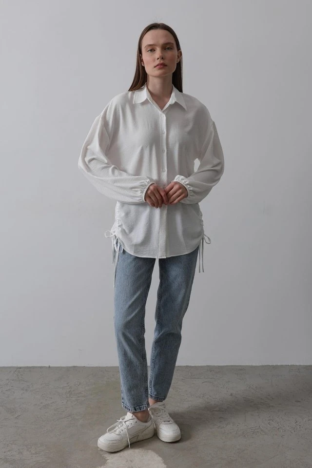 Biye Detaylı Ayrobin Gömlek - Beyaz