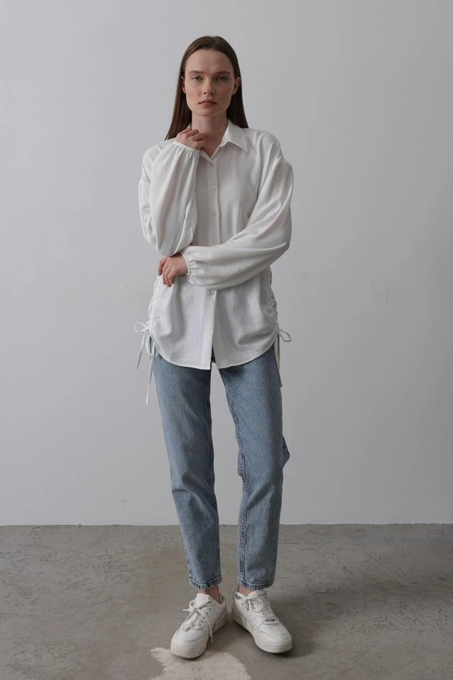 Biye Detaylı Ayrobin Gömlek - Beyaz