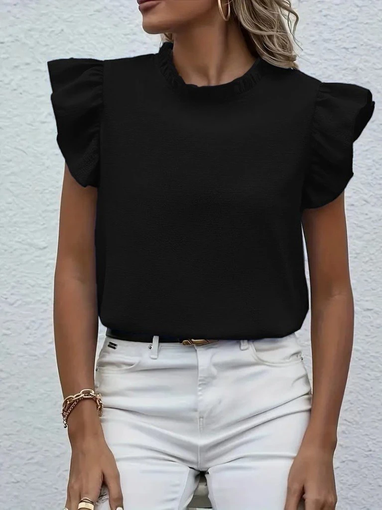 Kadın Kısa Kollu Fırfır Yakalı Bürümcük Bluz