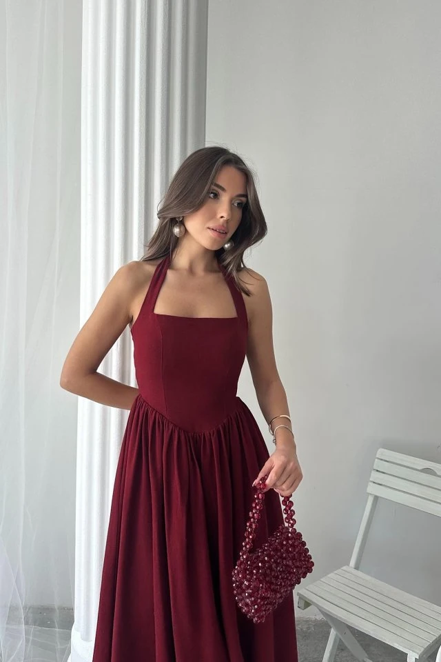 Bordo Boyundan Bağlamalı Keten Elbise