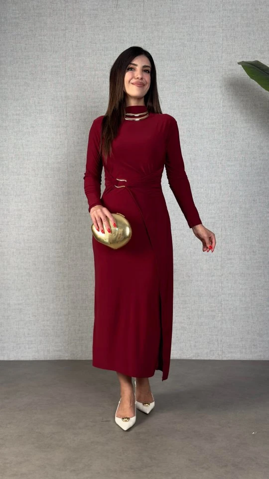 Kadın Balıkçı Yaka Toka Detay Sandy Kumaş Midi Boy Elbise