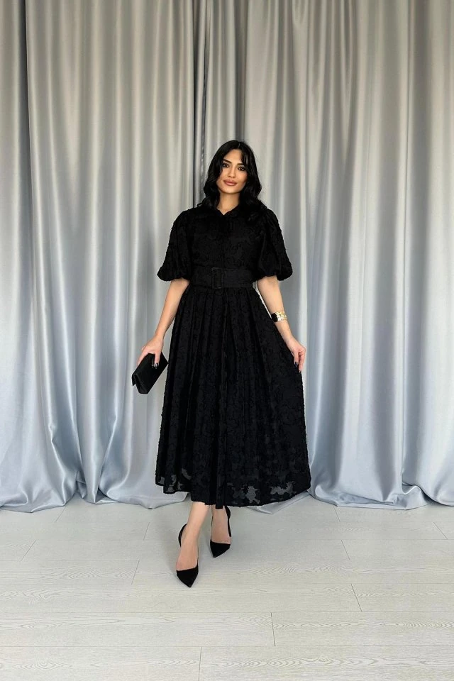 Siyah Kemerli Balon Kollu Elbise