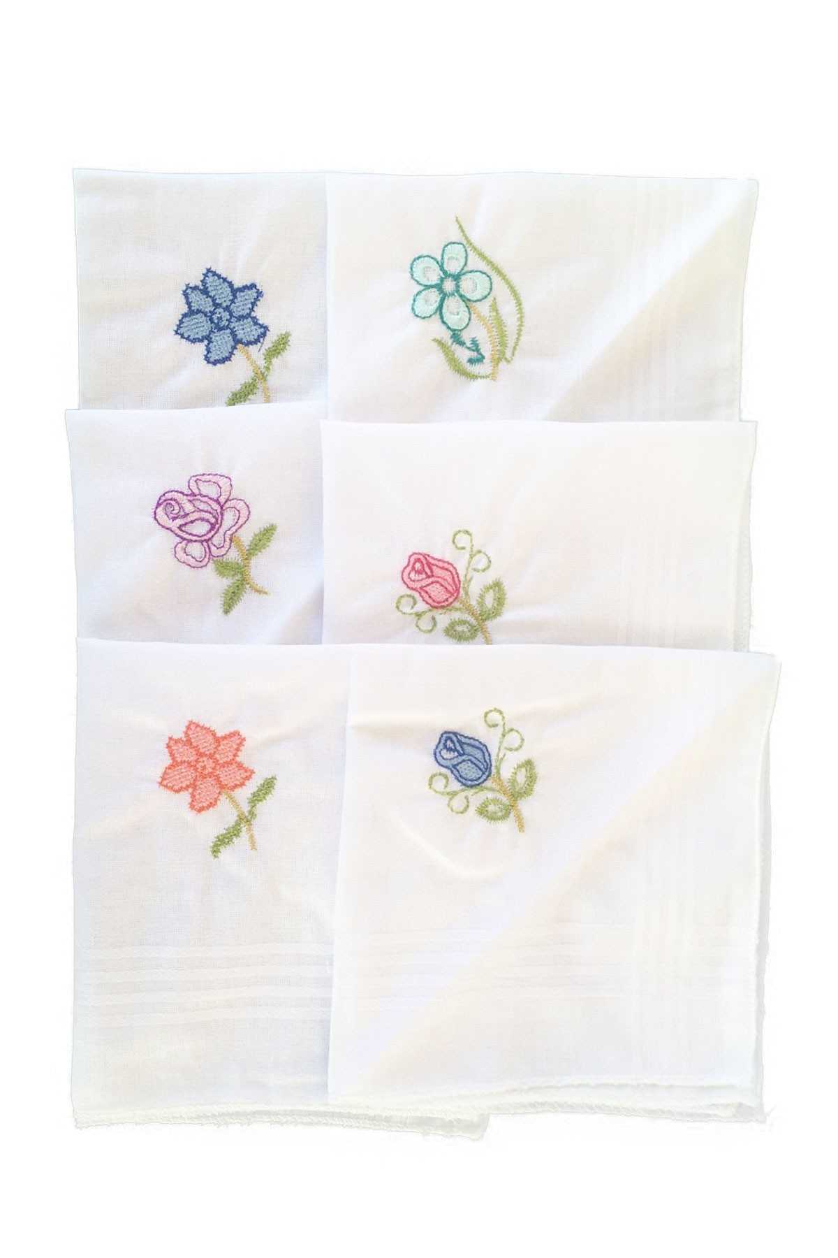 Hediyelik İşlemeli Bayan Mendili 6 lı Paket 28x28 cm 100 Pamuk