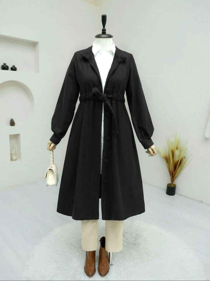 Belden Bağlamalı Top Düğmeli Kaşe Kaban -Siyah