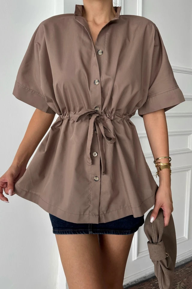 BEL BÜZGÜ DETAYLI POPLİN GÖMLEK - Kahverengi