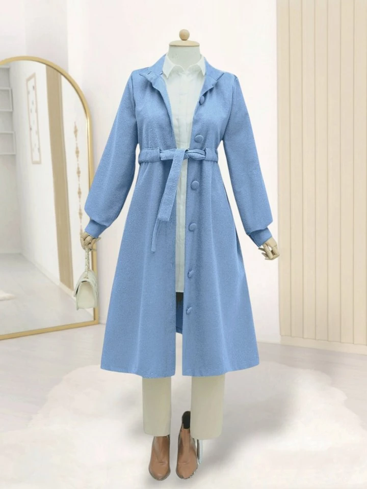 Belden Bağlamalı Top Düğmeli Kaşe Kaban -Mavi