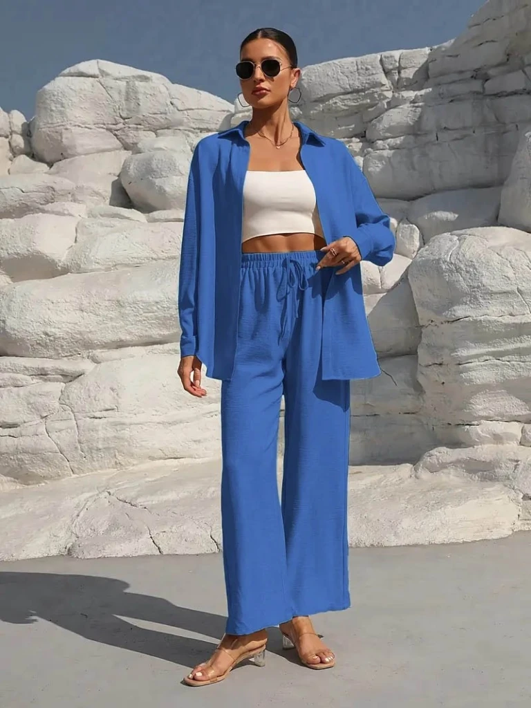 Kadın Uzun Kollu önü Açık Dokuma Ceket Ve Pantolon Ikili Takım