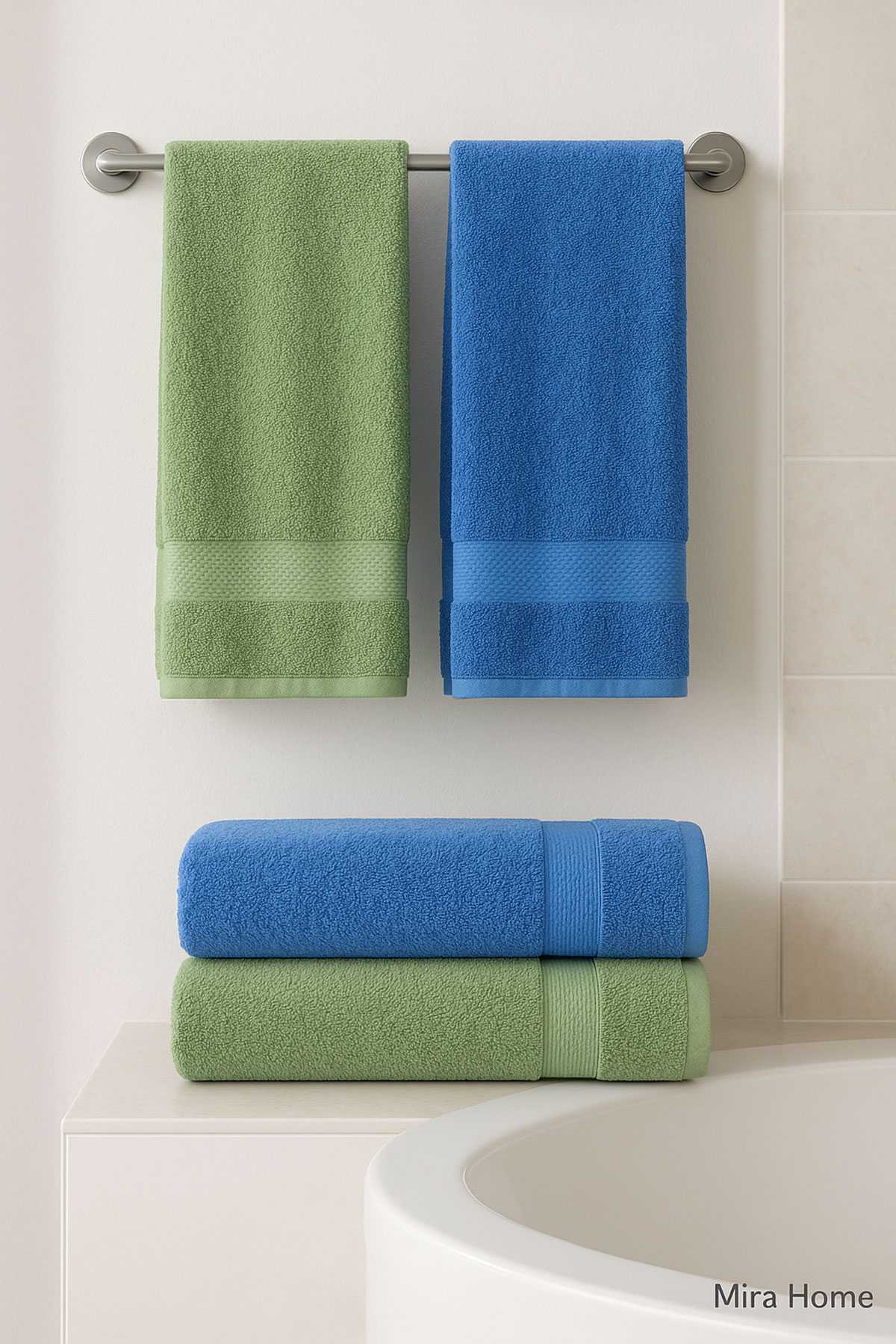 4 Parça Ekonomik Banyo Havlu Takımı &amp;#37;100 Pamuklu Quickdry Mavi Yeşil