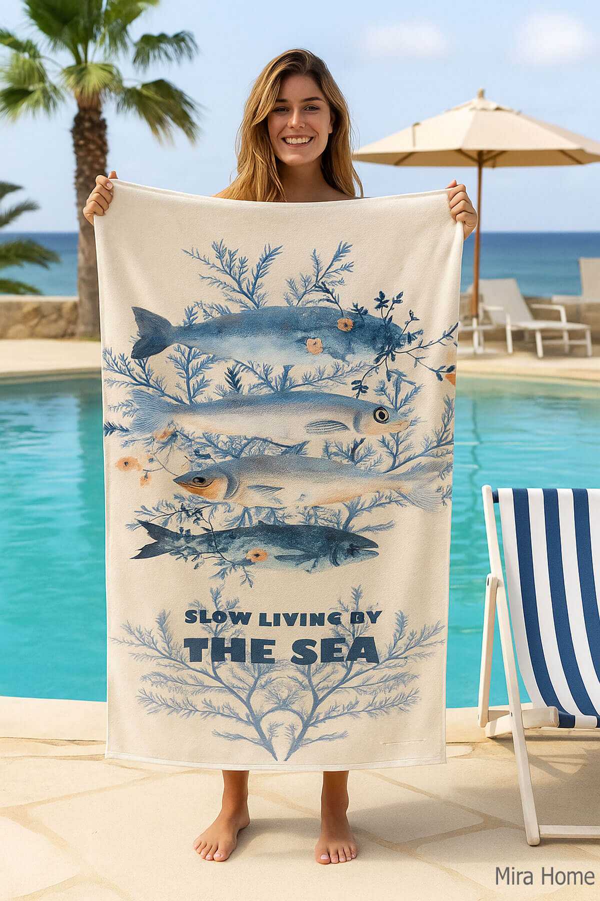 Unisex Desenli Baskılı Deniz Plaj Havlusu Balık 70X140 Cm