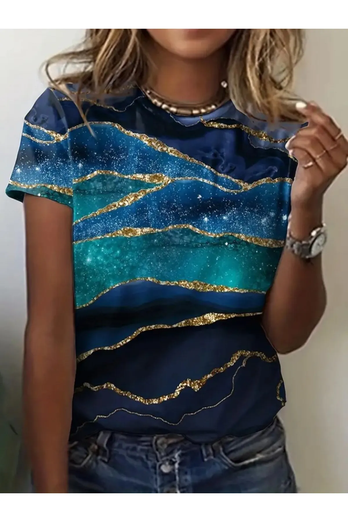 Mavi sim baskılı sandy t-shirt