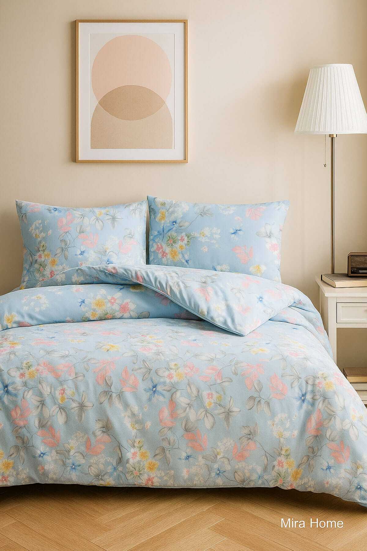 Çift Kişilik Pamuklu Nevresim Takımı Mavi Çiçek Desenli