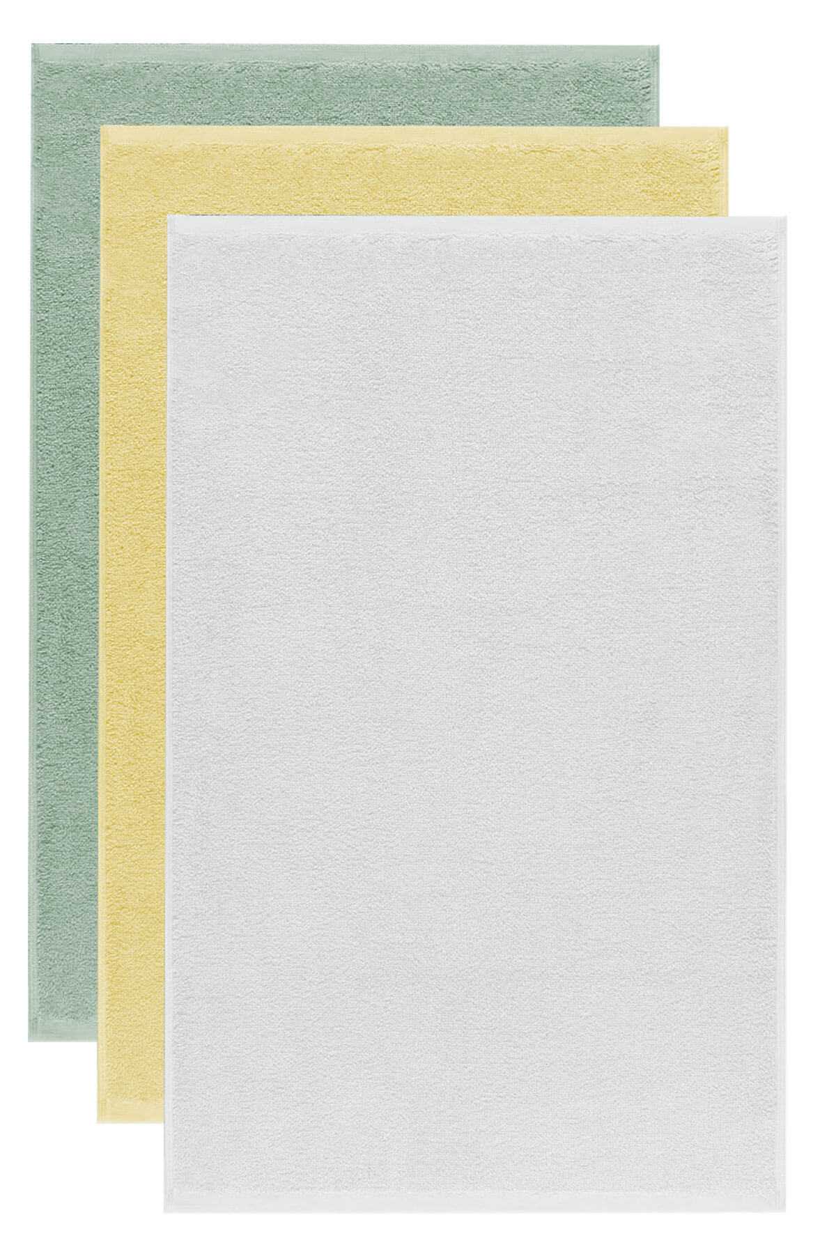 3 lü Düz Renk El Yüz Havlu Seti &amp;#37;100 Pamuklu 50x90 Cm Yeşil Sarı Beyaz