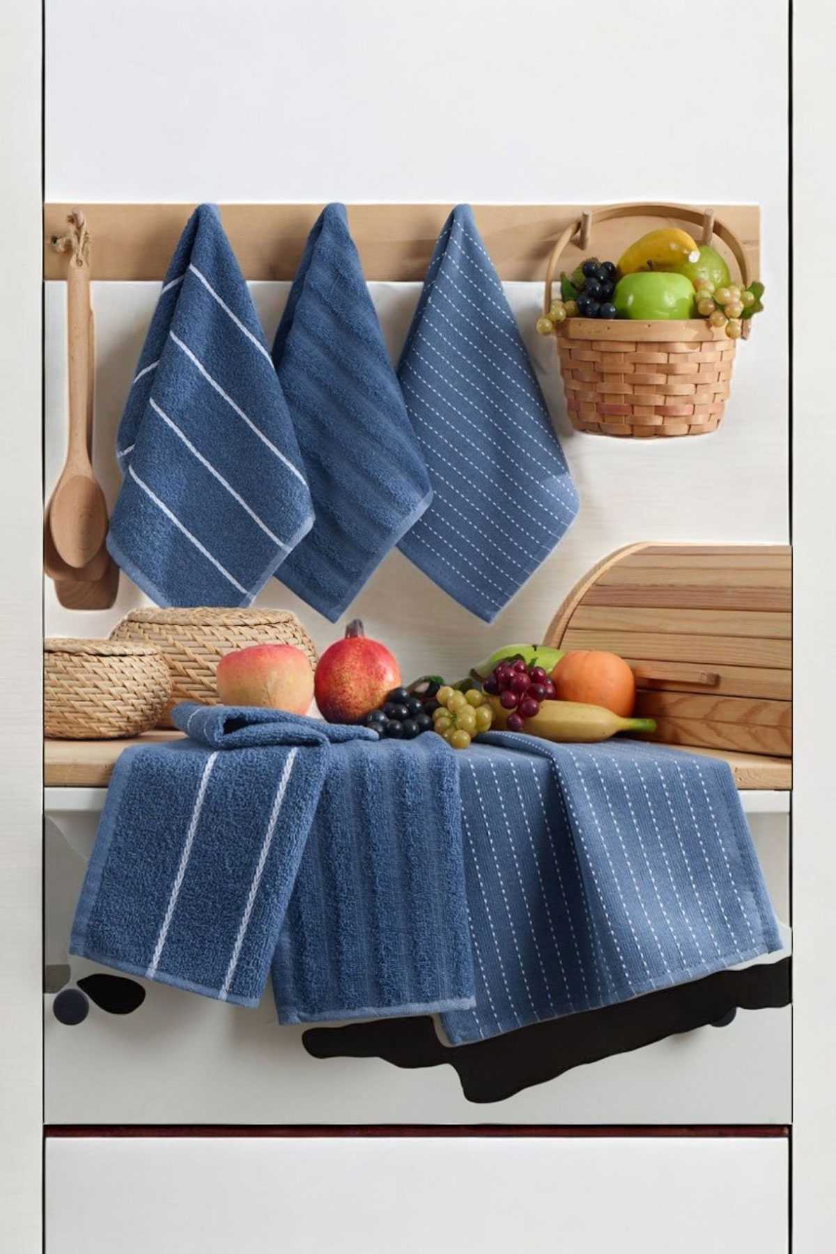 6 lı Luna Naturel Mutfak Havlu Seti &amp;#37;100 Pamuklu 30X50 Cm Lacivert