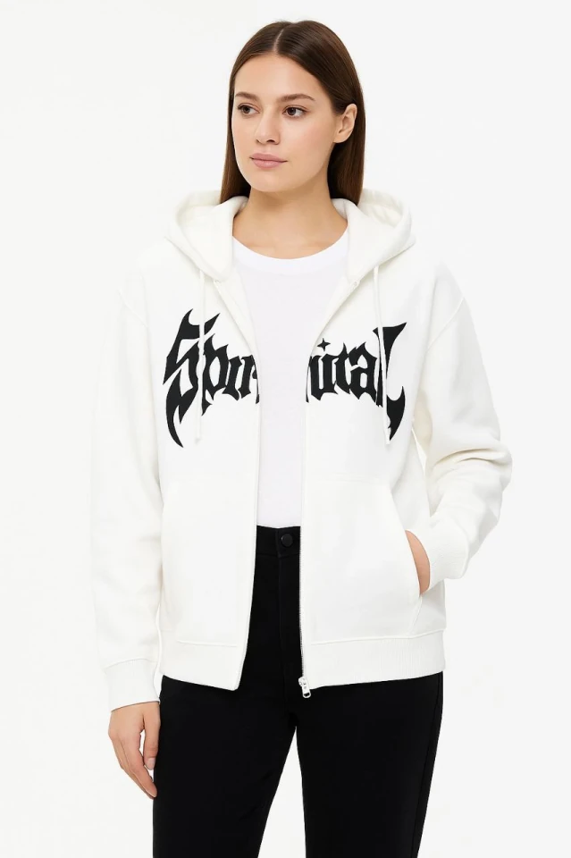 Oversize Kapüşonlu Sweatshirt Hoodie 3 İplik Şardonlu Pamuklu Kumaş, Önü Baskılı, Fermuarlı Rahat Kalıp, Kışlık Ve Sokak Stili Sweat - Beyaz