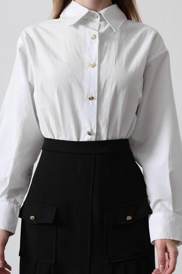 Pileli Kontrast Gömlek Elbise - Beyaz