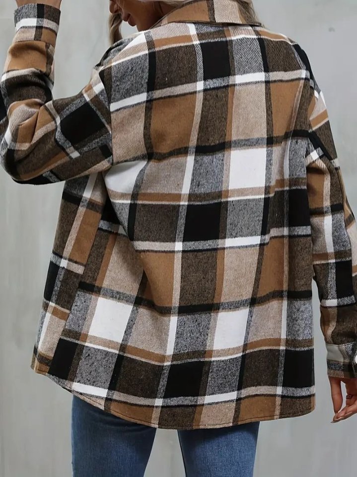 Kadın Uzun Kollu Kare Desenli önden Düğmeli Dokuma Gömlek