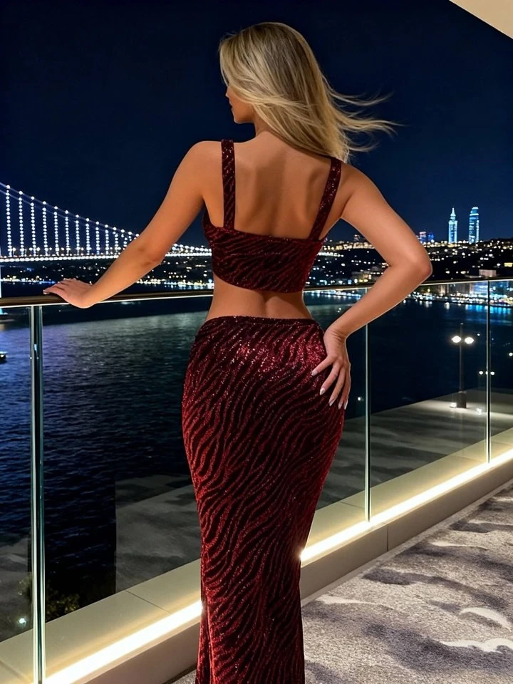 Kadın Omuz Askılı Zebra Desen Simli Kumaş Büstiyer Ve Derin Yırtmaç Dekolteli Etek Ikili Takım