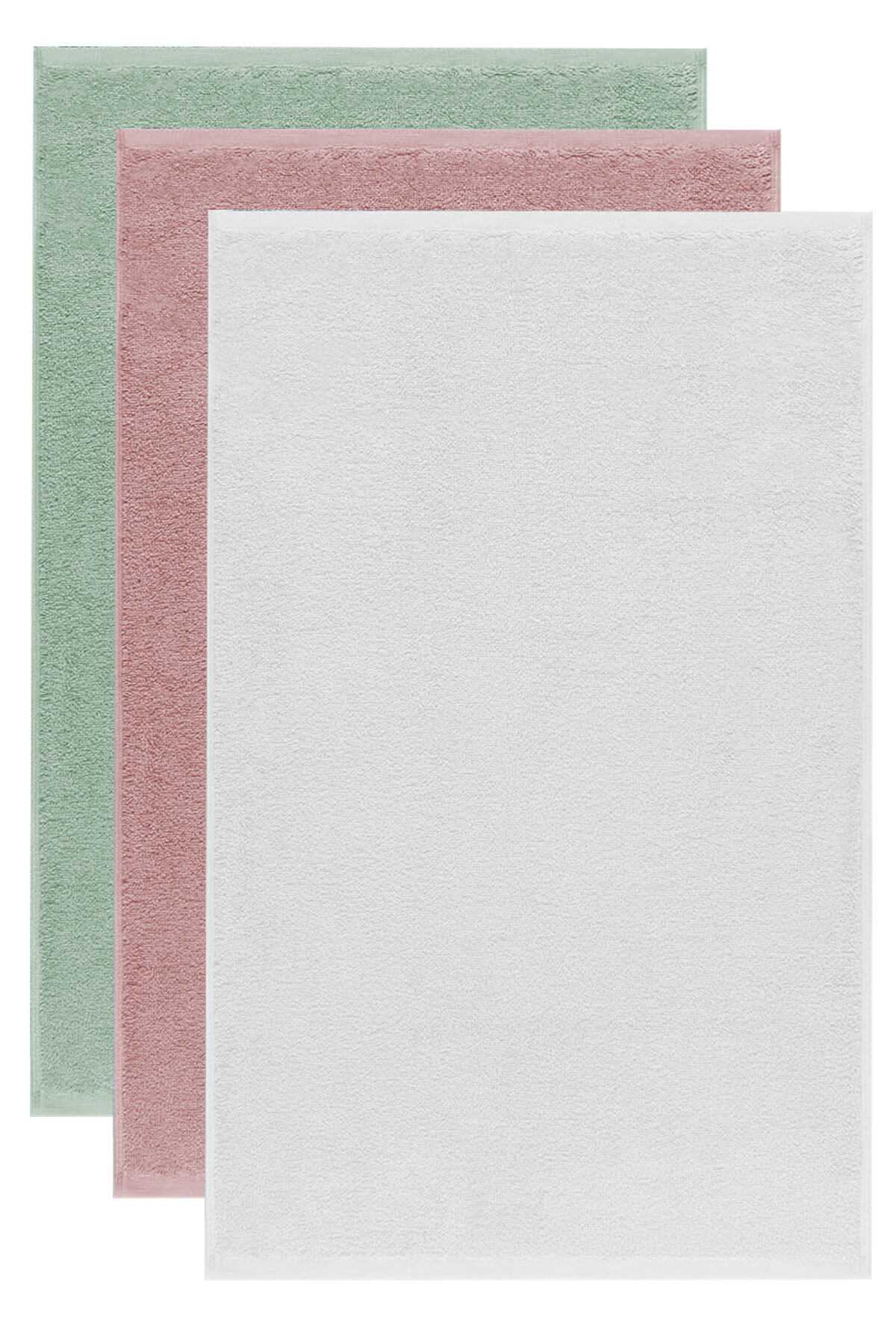 3 lü Düz Renk El Yüz Havlu Seti &amp;#37;100 Pamuklu 50x90 Cm Yeşil Gül Beyaz