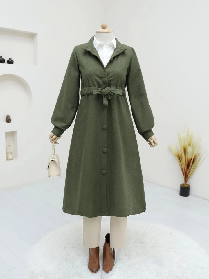 Belden Bağlamalı Top Düğmeli Kaşe Kaban -Haki