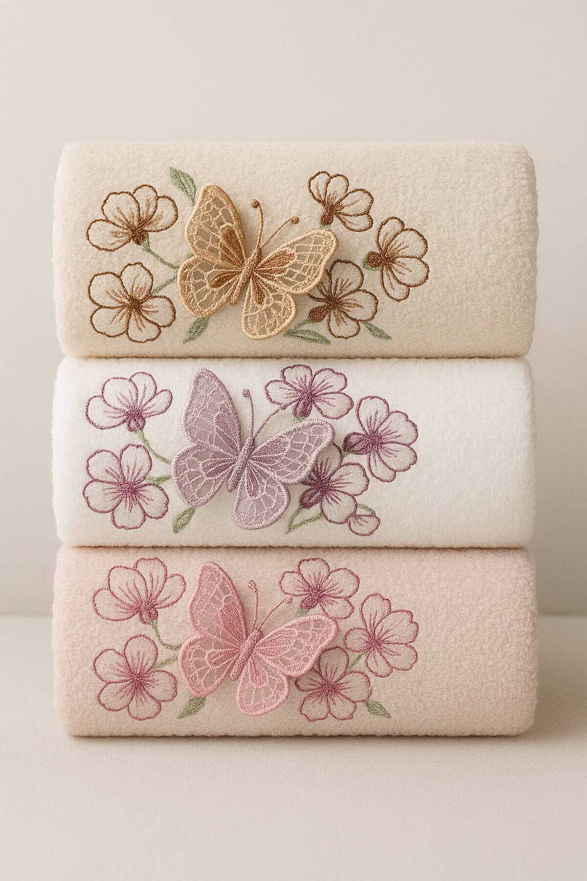 3lü Lüks &amp;#37;100 Pamuklu Mutfak Havlusu Seti 3D Kelebek Aplikeli 30x50 Cm