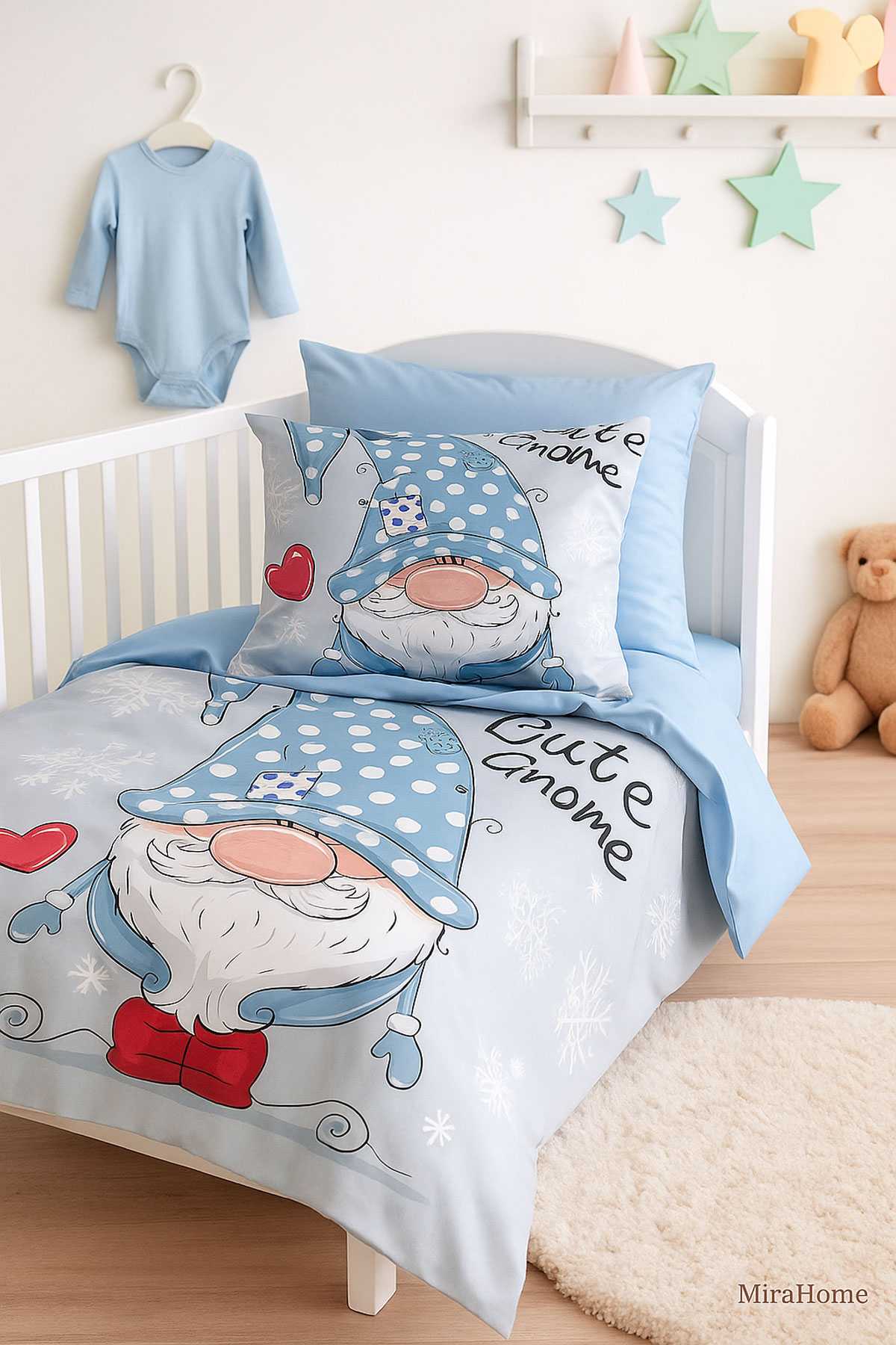 Dijital Baskılı 3d Pamuklu Yenidoğan Bebek Nevresim Takımı Cute Gnome Blue