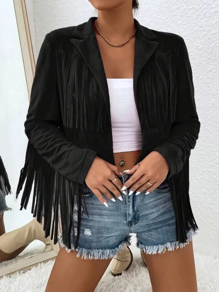 Kadın Uzun Kollu Yakalı Kısa Püsküllü Süet Ceket