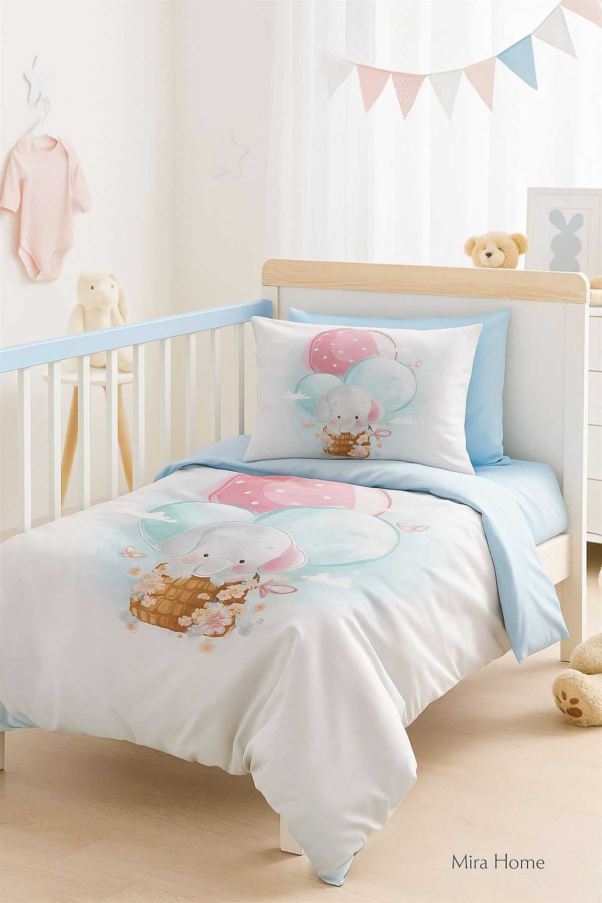 Dijital Baskılı 3d Pamuklu Yenidoğan Bebek Nevresim Takımı Elephant Baloon Blue