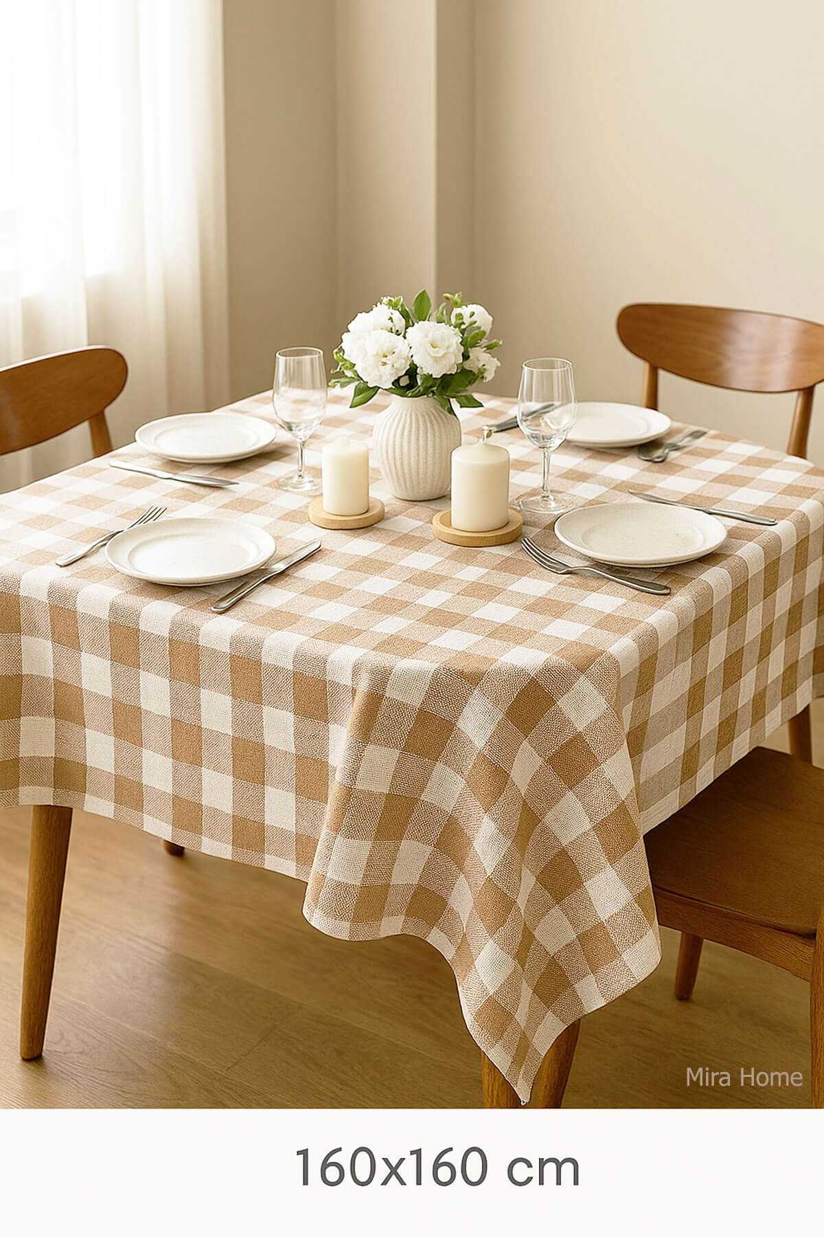Fiber Kareli Masa Örtüsü Sofra Bezi Ekose Desen 160x160 Cm Bej