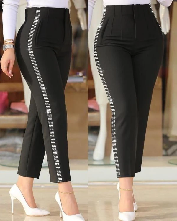 Kadın Yüksek Bel Yanlardan Taş Detaylı Ithal Krep Pantolon
